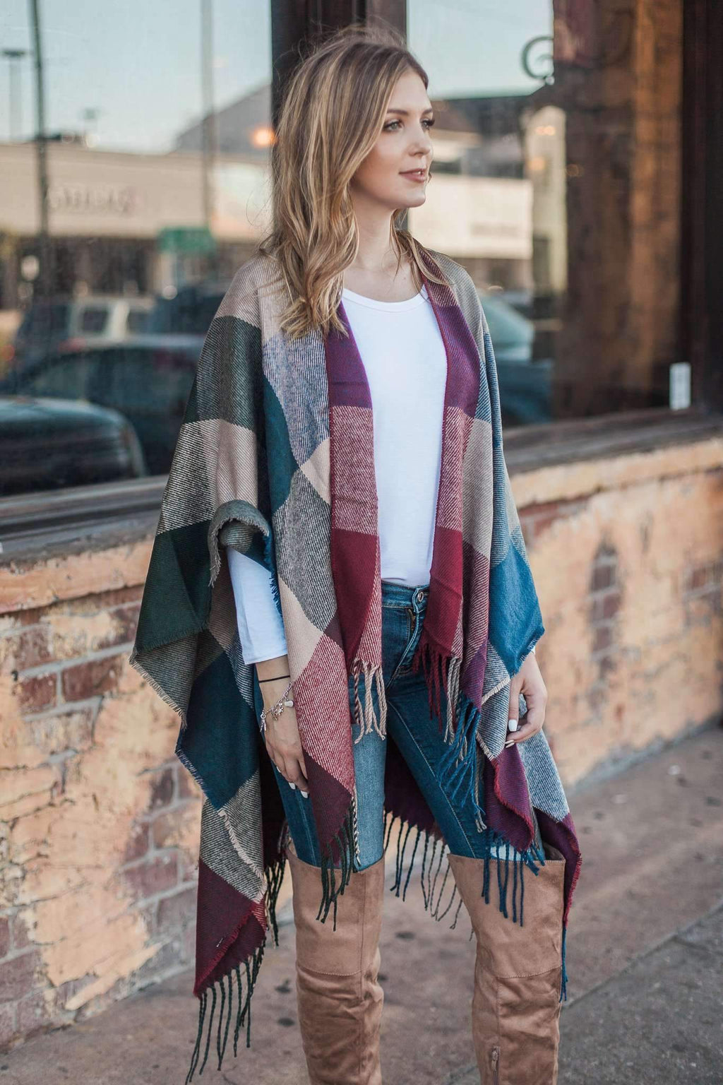 "Fall In Check" Tassel Poncho