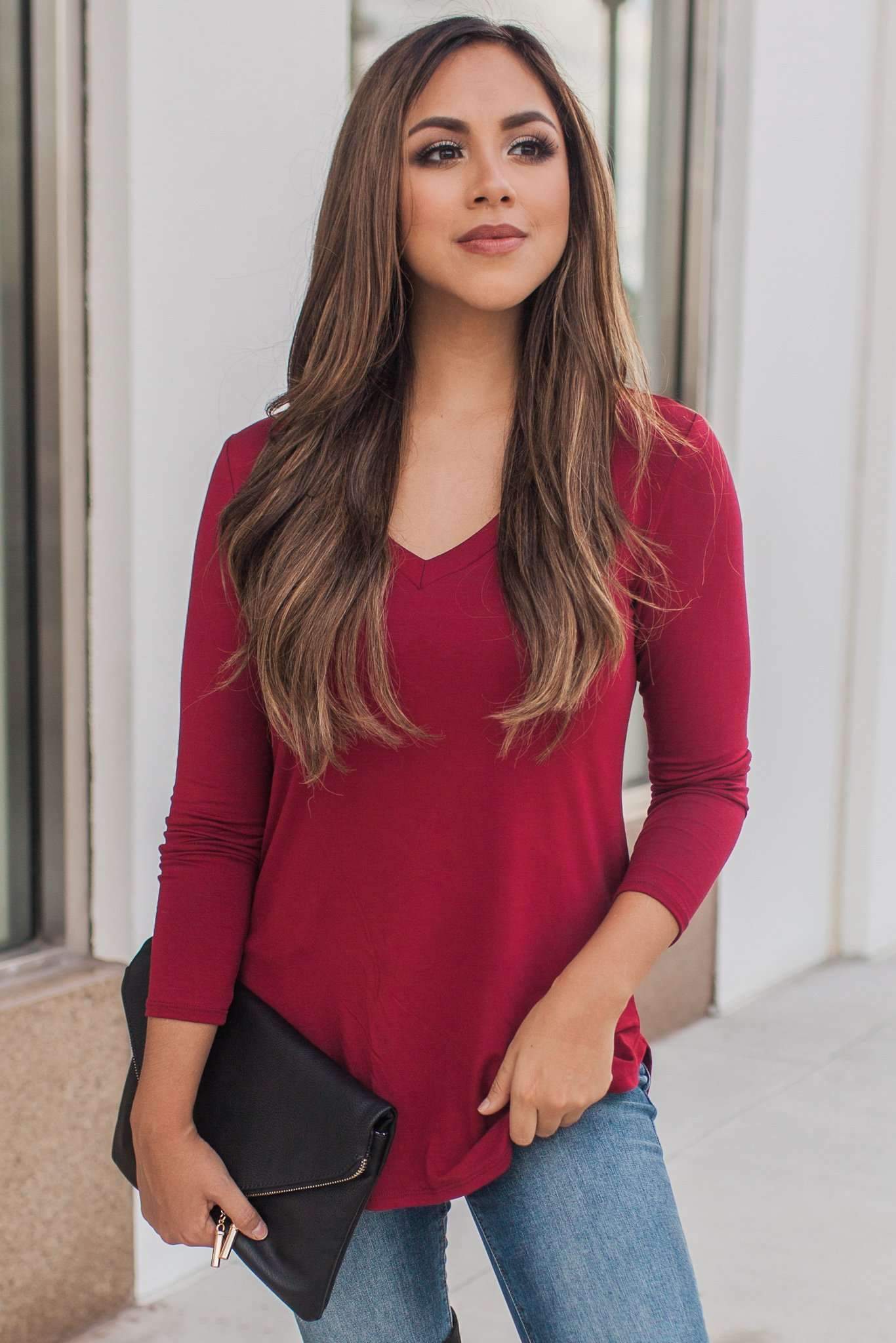 "Your Basic Instinct" Knit Top (Burgundy) - VNeck