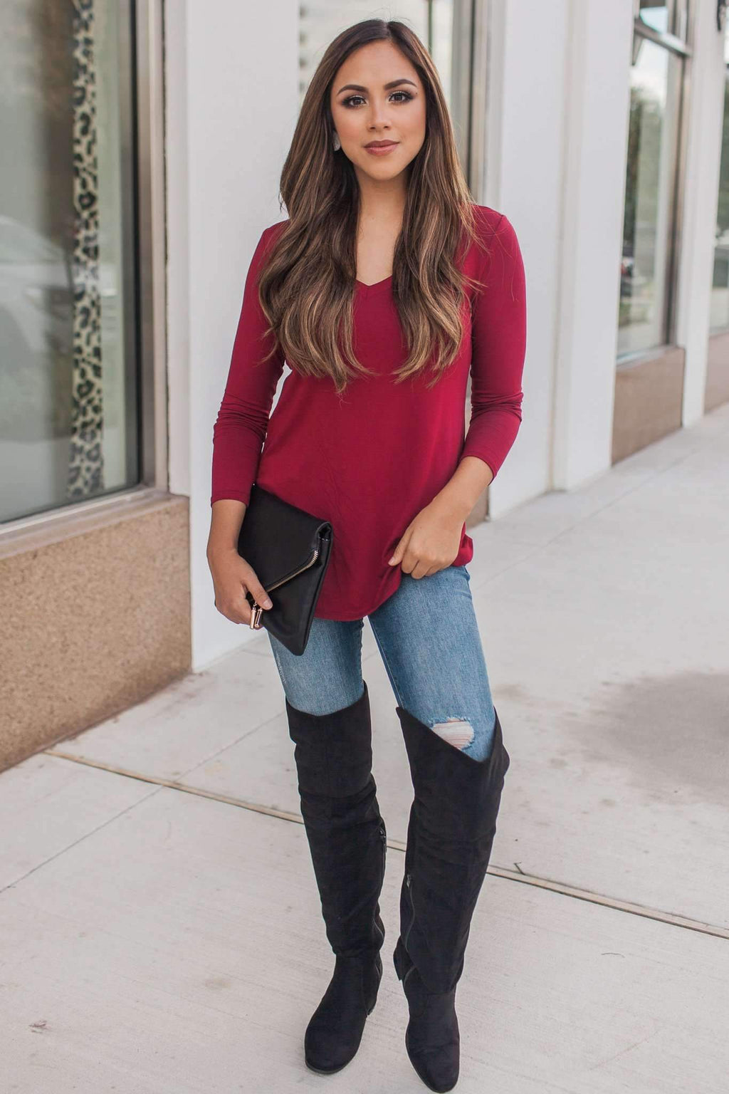 "Your Basic Instinct" Knit Top (Burgundy) - VNeck