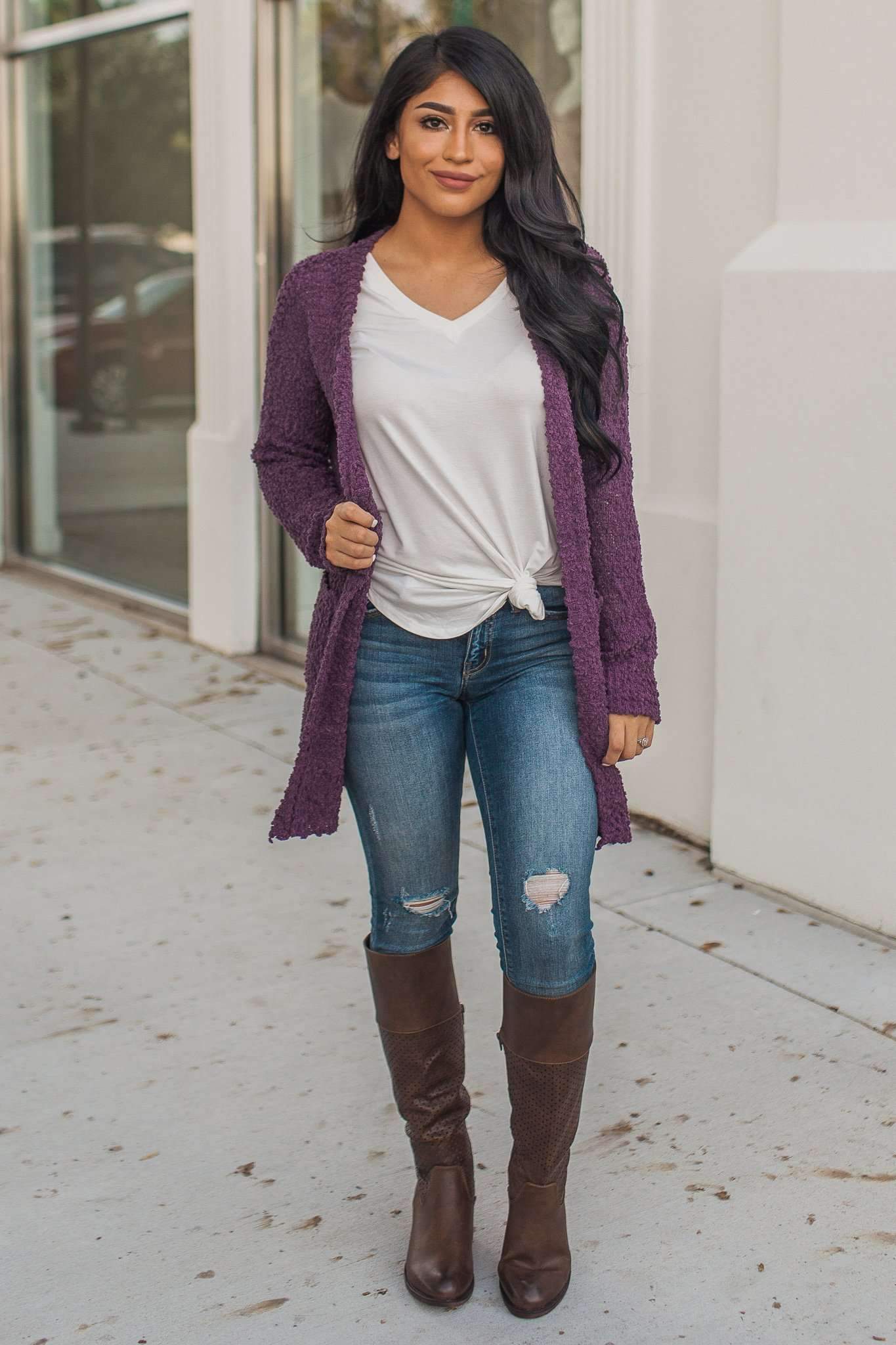 "Turn To Cozy" Popcorn Cardigan (Eggplant)