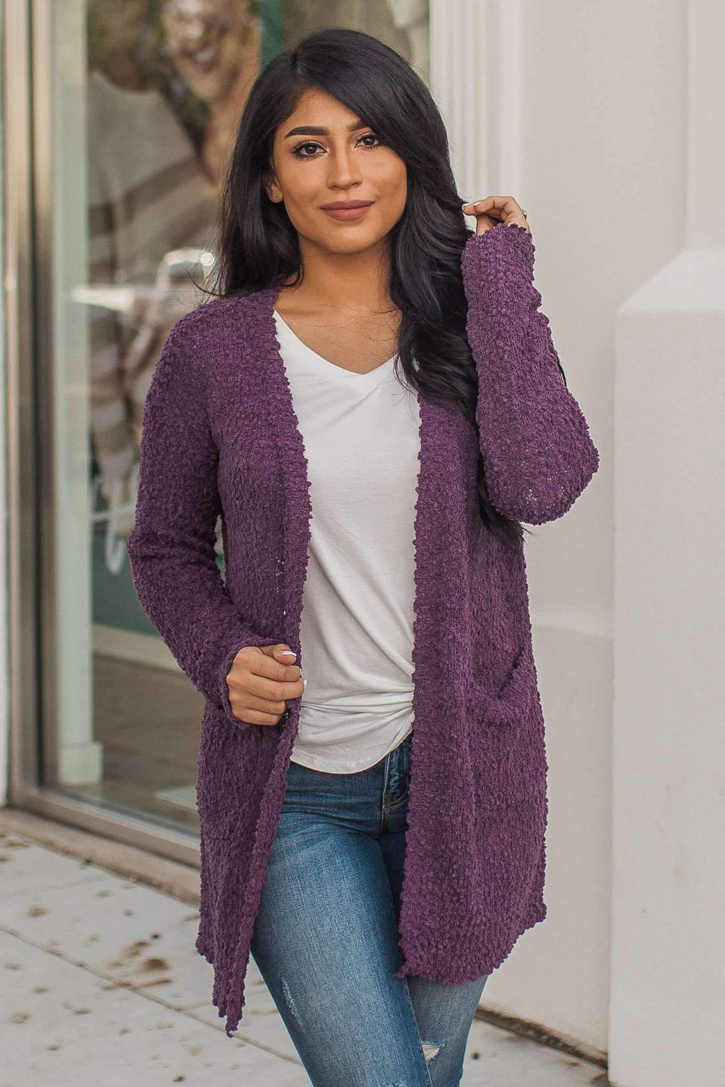 "Turn To Cozy" Popcorn Cardigan (Eggplant)