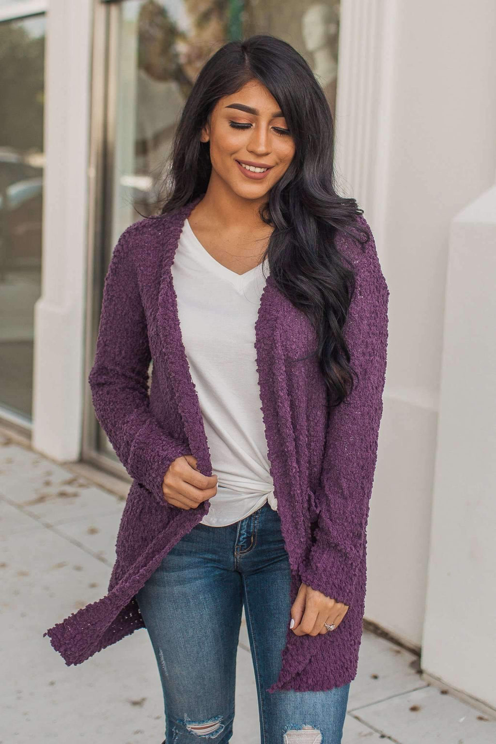 "Turn To Cozy" Popcorn Cardigan (Eggplant)