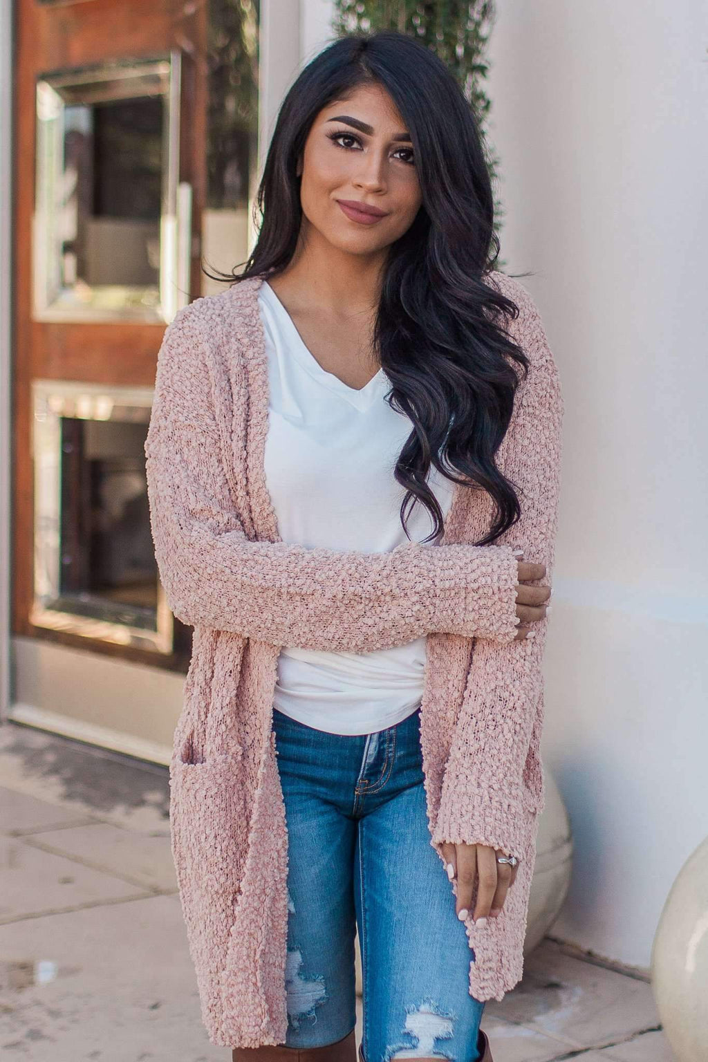 "Turn To Cozy" Popcorn Cardigan (Blush)