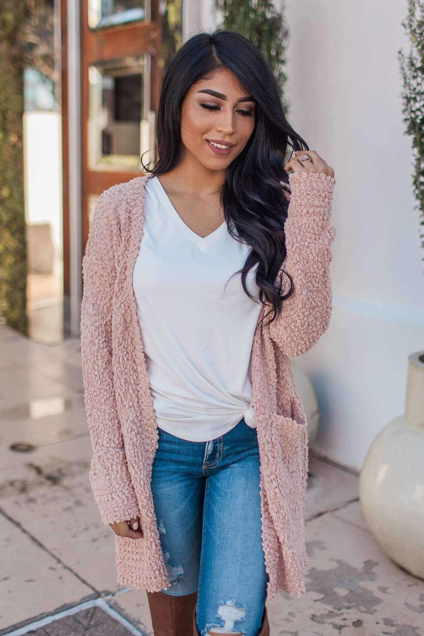 "Turn To Cozy" Popcorn Cardigan (Blush)