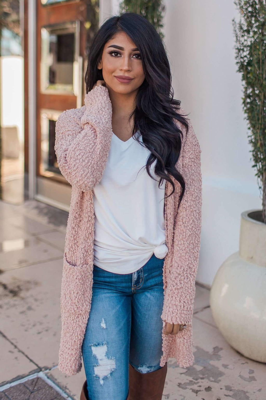"Turn To Cozy" Popcorn Cardigan (Blush)