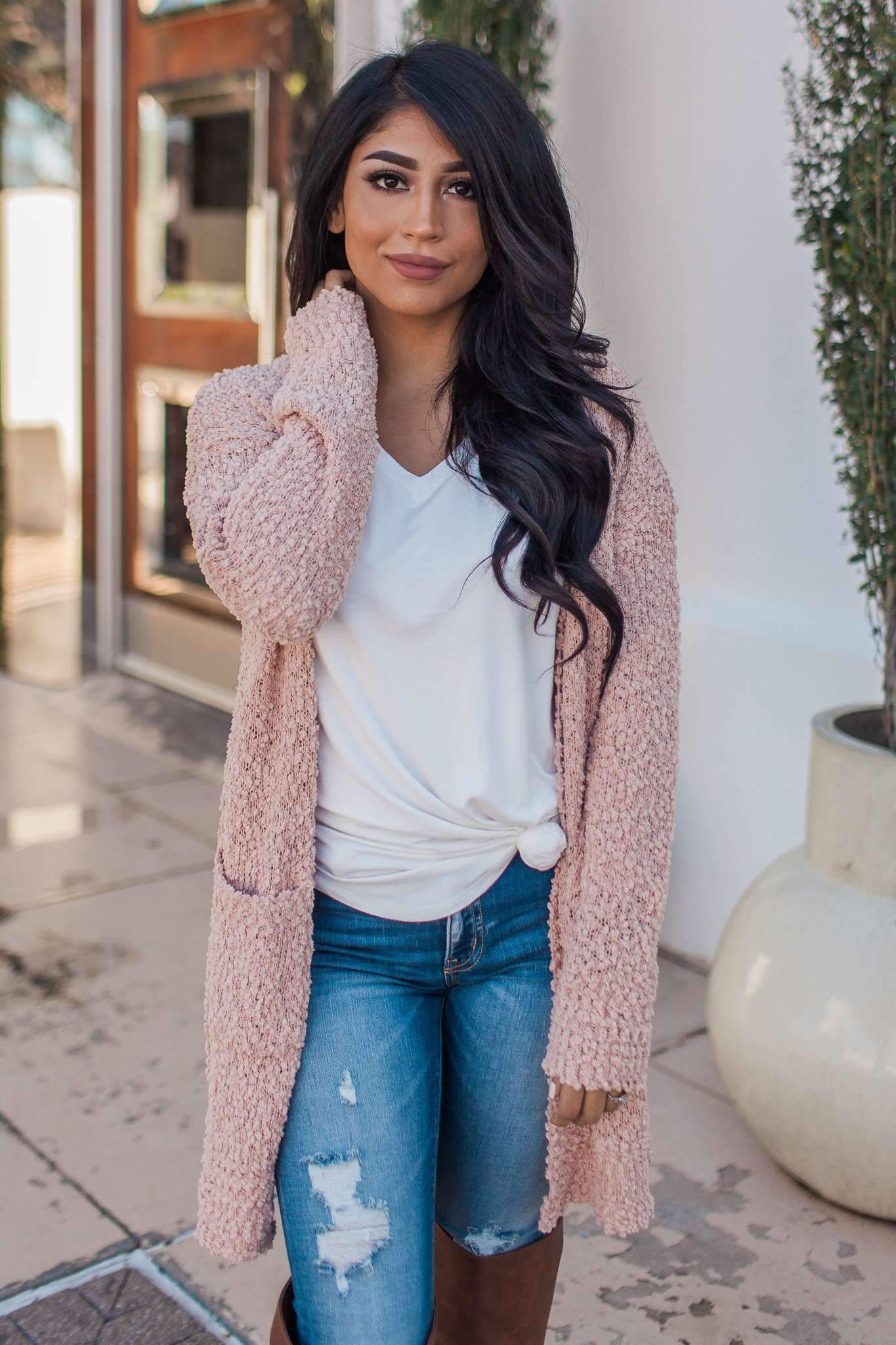 "Turn To Cozy" Popcorn Cardigan (Blush)