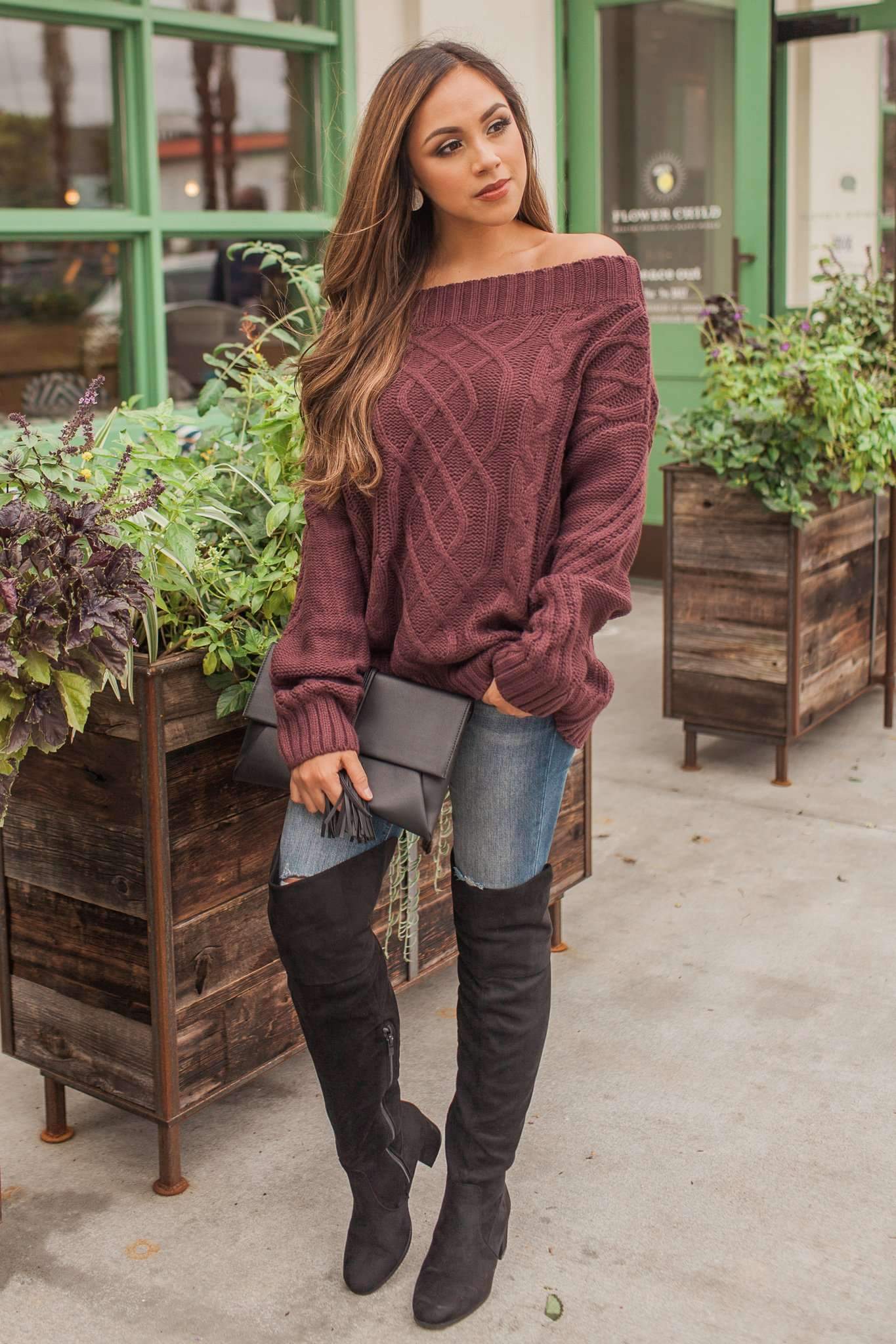 "Can't Forget You" Off Shoulder Sweater (Eggplant)
