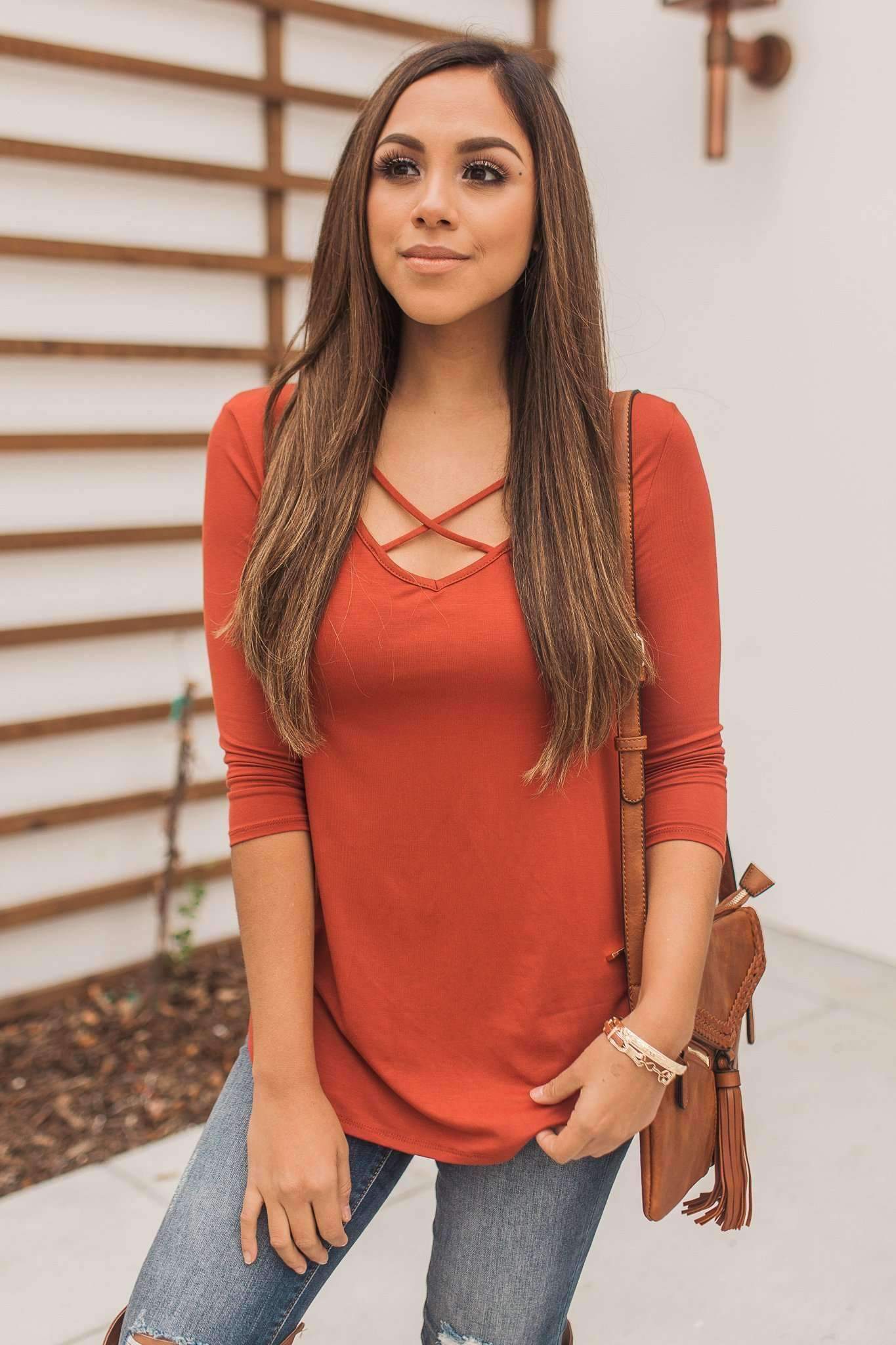 "Crossing The Lines" Knit Top (Rust)