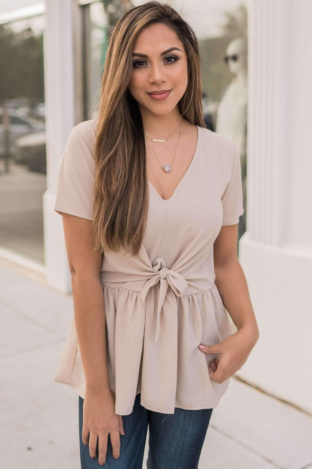 "Desk To Dawn" Peplum Top (Beige)