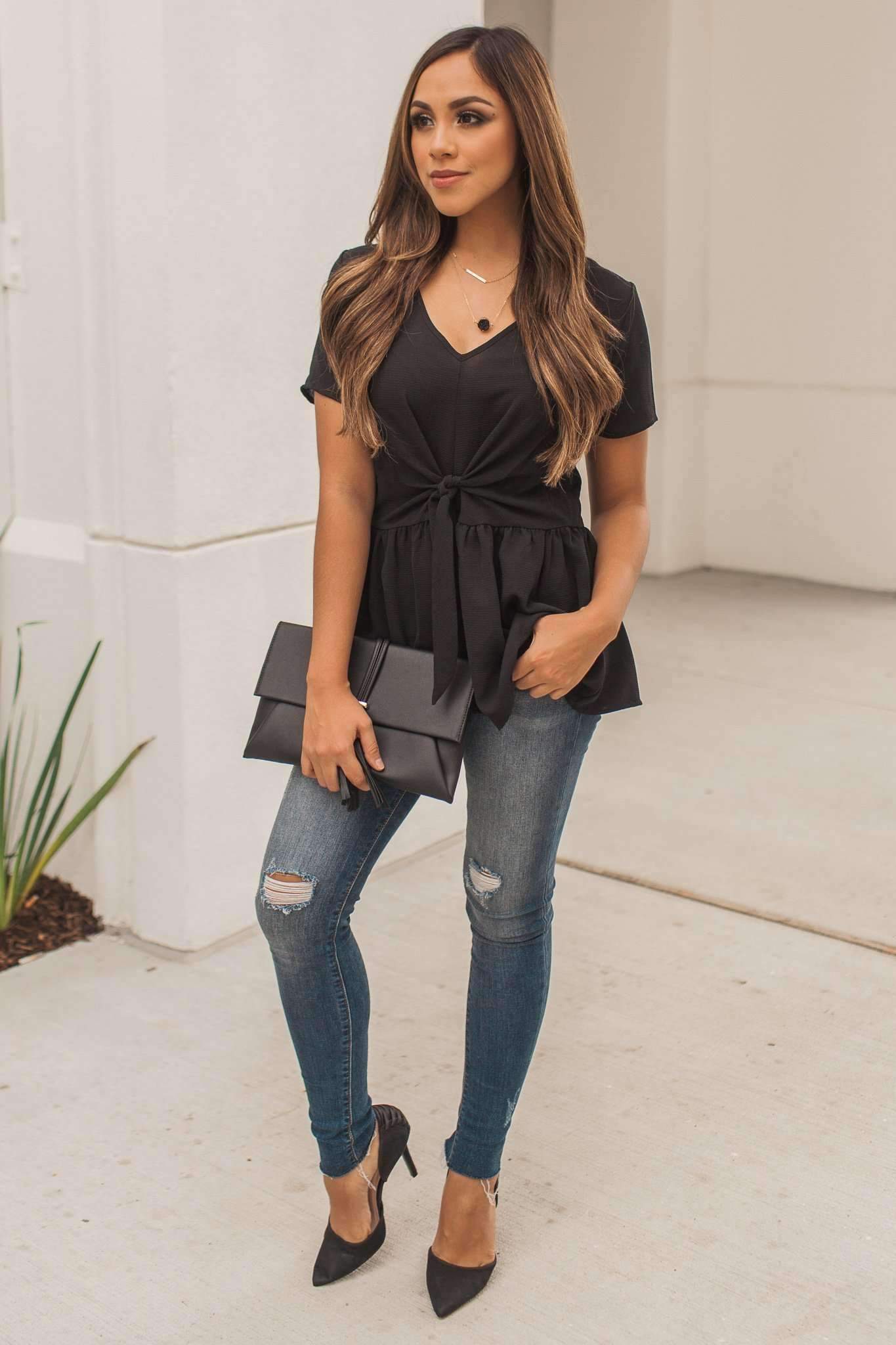 "Desk To Dawn" Peplum Top (Black)