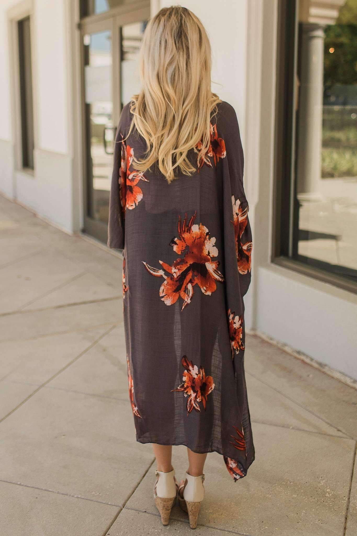"Detailed In Floral" Kimono Wrap (Charcoal)