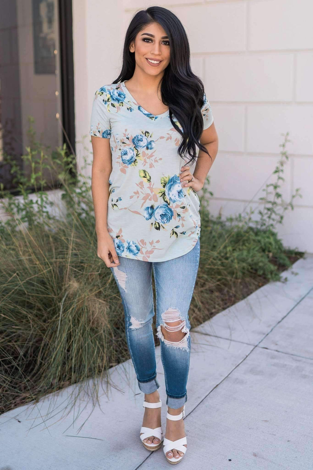 "Fond Of Florals" Knit Top (Sage)